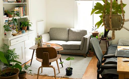 Empty living room with couch, desk, small table, shelf, and greenery
