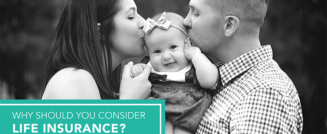 Life insurance graphic, couple kissing infant