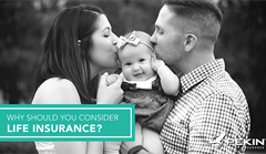 Life insurance graphic, couple kissing infant